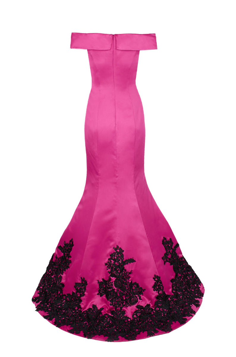 Fuchsia Black Off-Shoulder Bodycon Mermaid Crepe Dress P146667