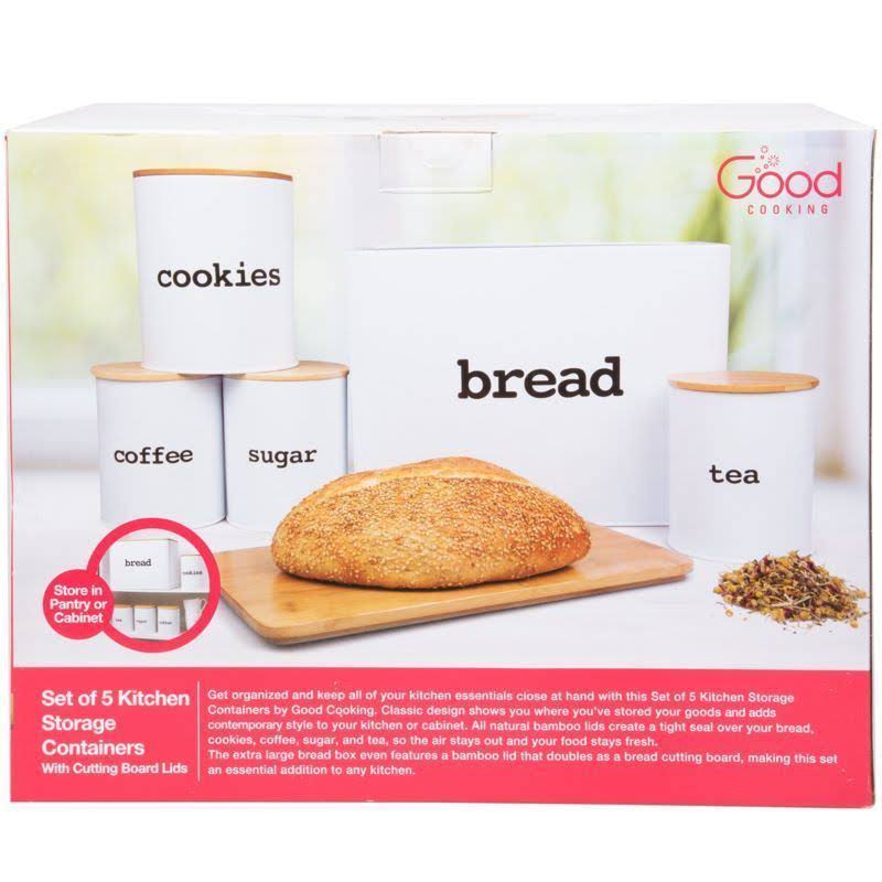 Extra Large Bread Box and 5 Piece Kitchen Canister Set with Bread Cutting Board J690868