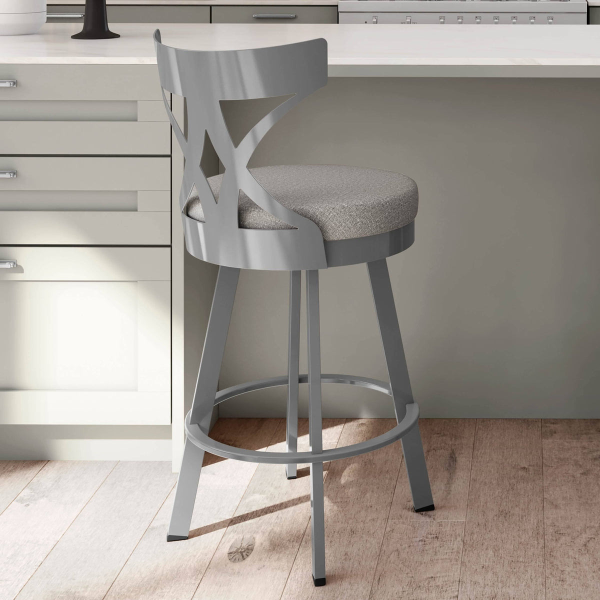 Grey Woven Fabric Black Metal Swivel Bar Stool C3223