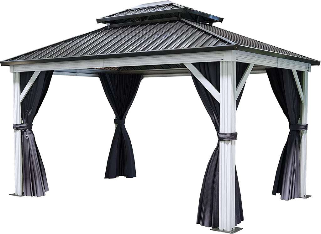 10x12ft Hardtop White Gazebo Double Roof Canopy Galvanized Iron Aluminum Frame with Netting and Shaded Curtains X220509