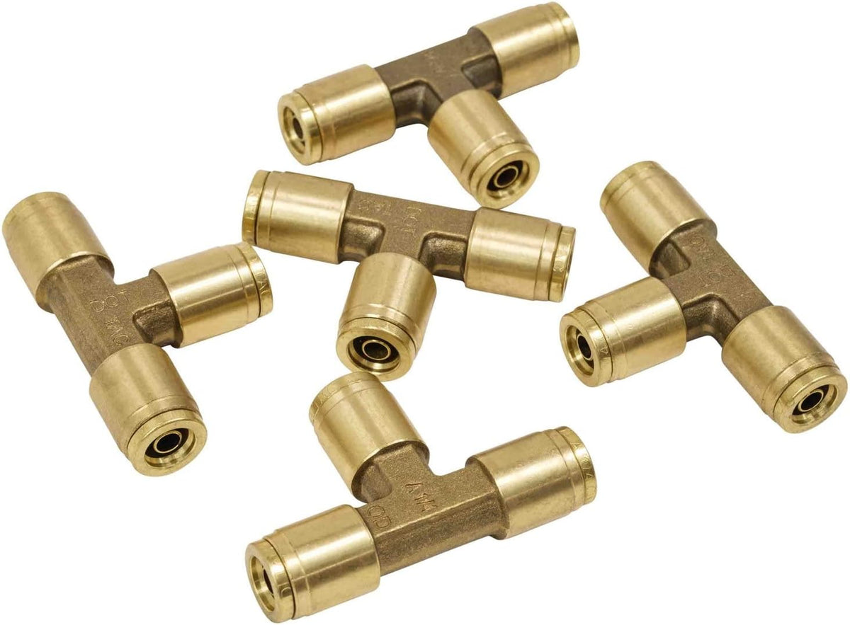 Brass Push to Connect Union Tee Air Brake Tube Fitting, 1/4" Tube OD (5 Pack) T26365