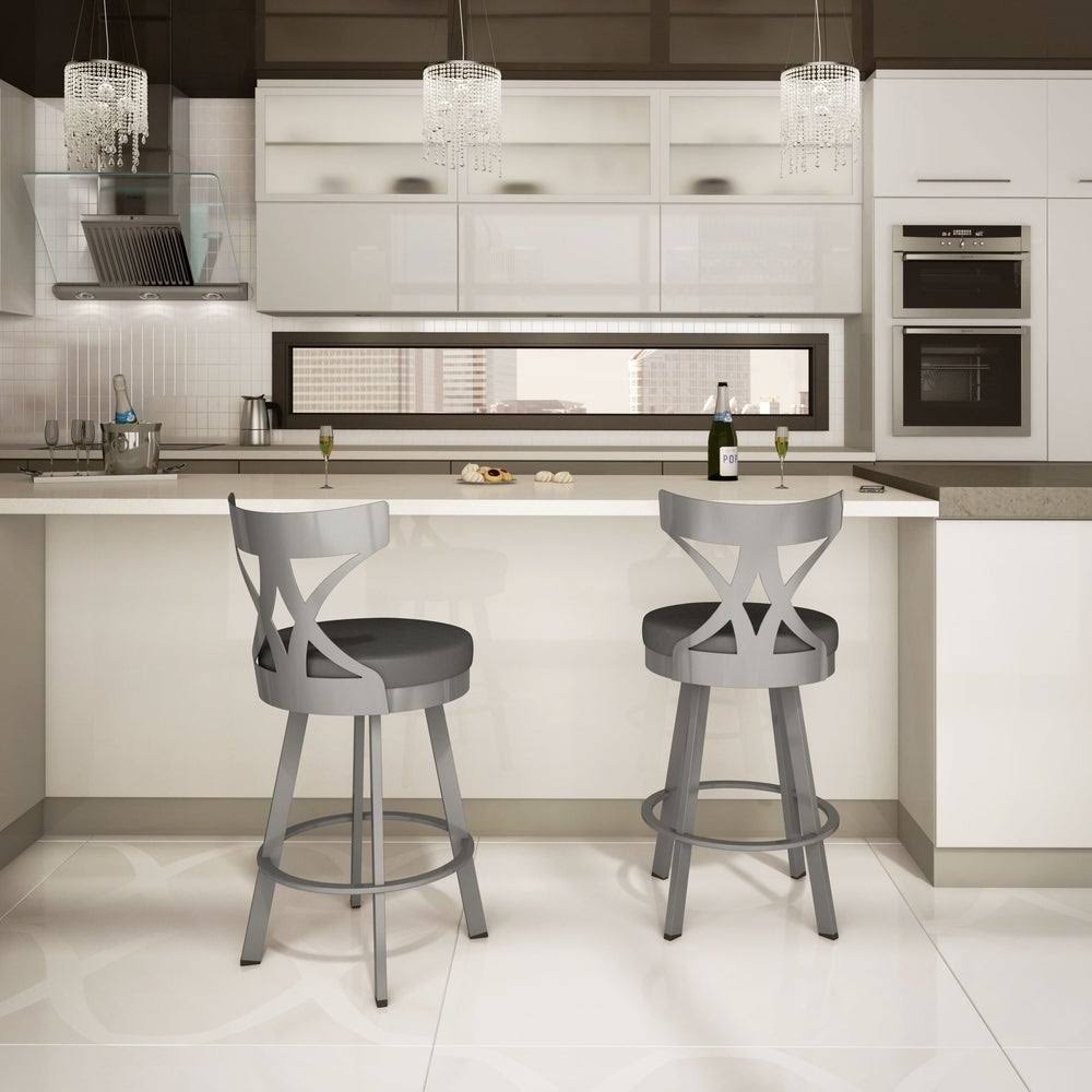 Grey Woven Fabric Black Metal Swivel Bar Stool C3223