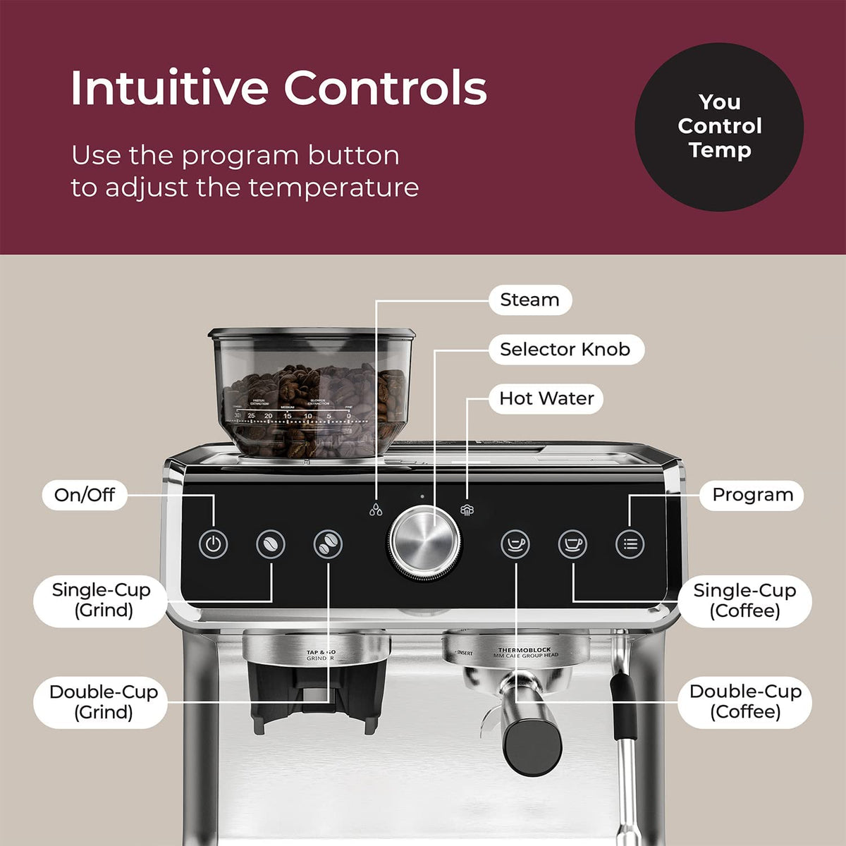 Stainless Steel Espresso Machine with Milk Frother and Grinder J523
