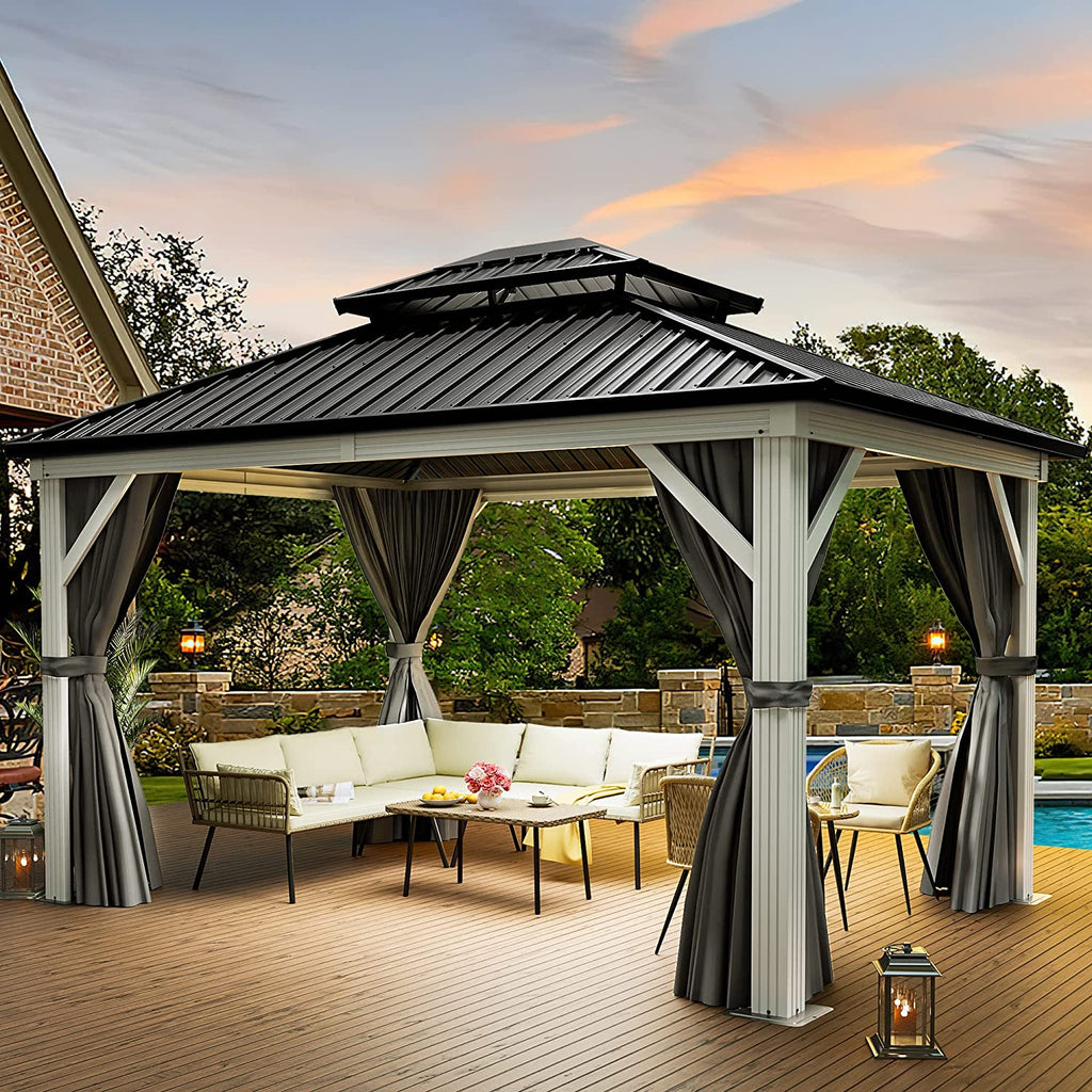 10x12ft Hardtop White Gazebo Double Roof Canopy Galvanized Iron Aluminum Frame with Netting and Shaded Curtains X220509
