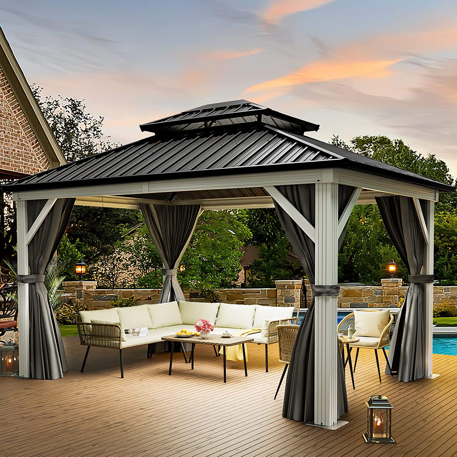 10x12ft Hardtop White Gazebo Double Roof Canopy Galvanized Iron Aluminum Frame with Netting and Shaded Curtains X220509