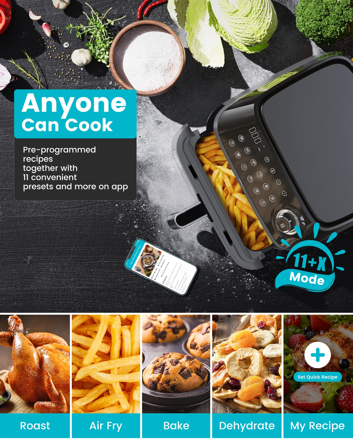 Black 6 Quart Air Fryer with See-Through Window J559