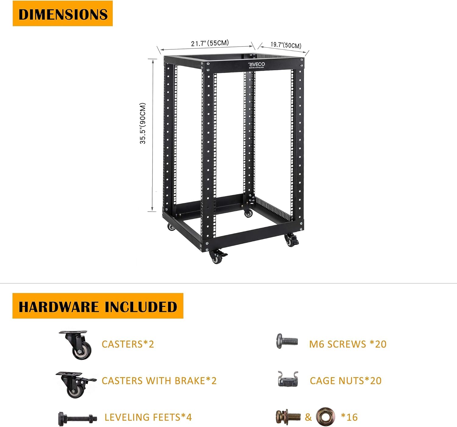 18U 4 Post Open Frame Server Rack with Brake Casters Black W1411