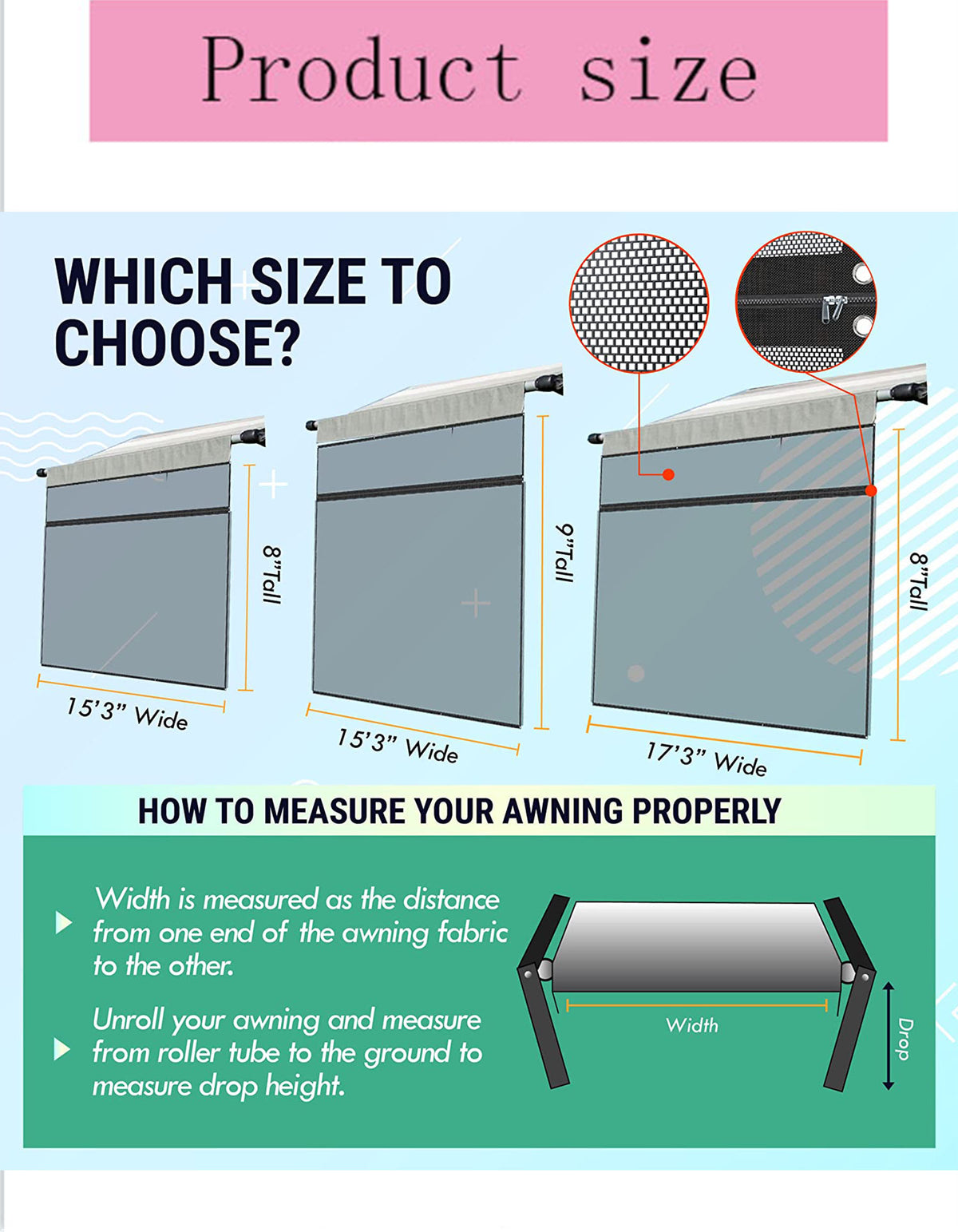 RV Awning Shade Screen 8x17.3’ with Zipper P79015