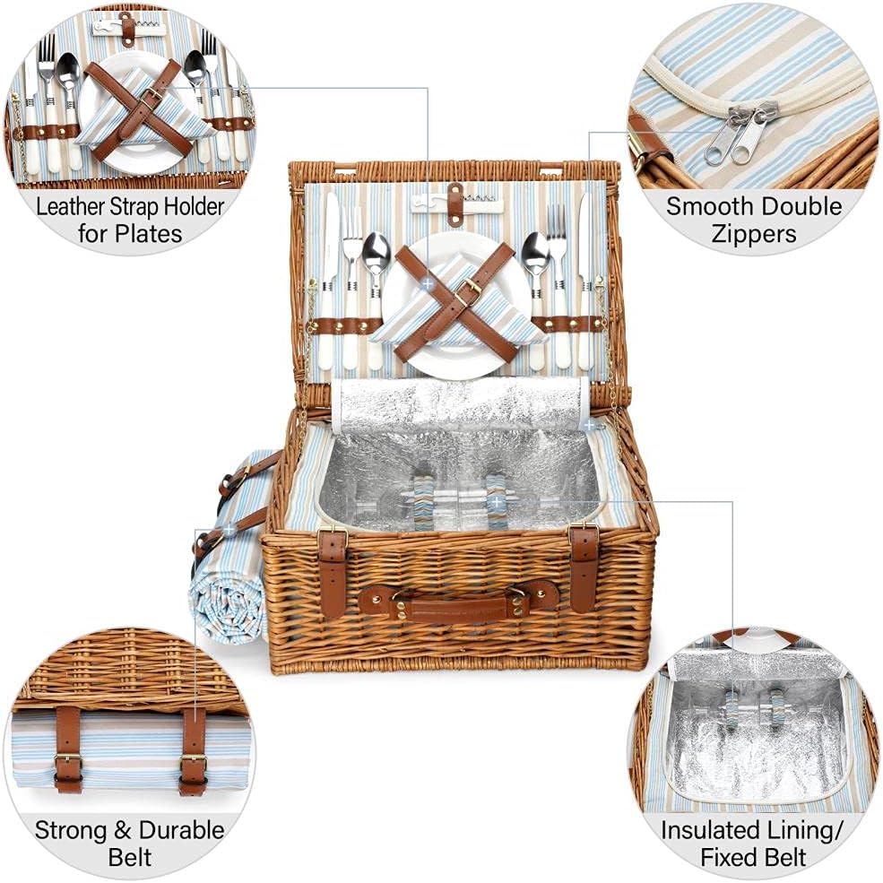 Picnic Basket Set for 2 Persons, Willow Hamper with Insulated Cooler Compartment, Waterproof Blanket and Cutlery Service Kit, Classical Brown Y347121