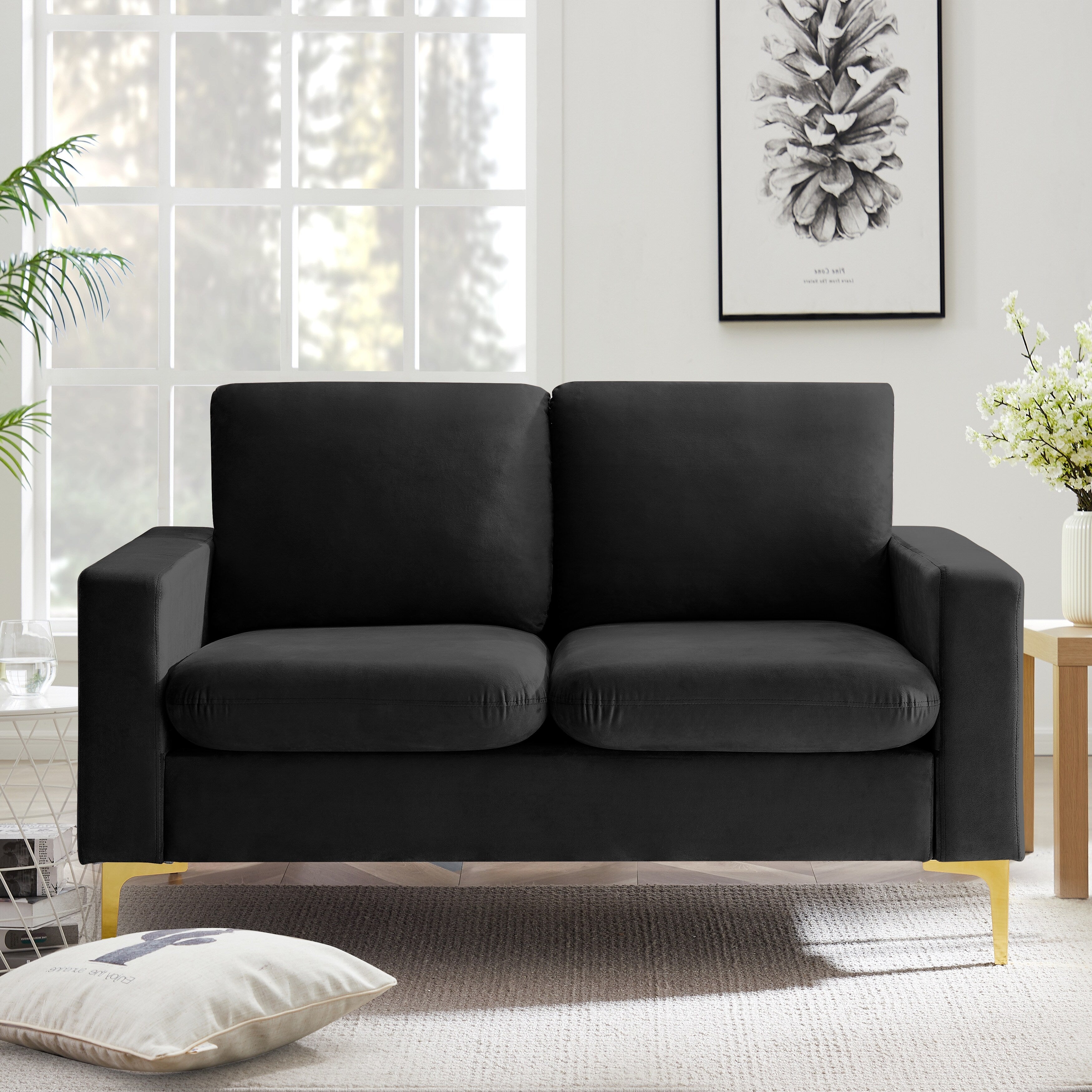 Orange Velvet Loveseat With Gold Metal Legs Square Armrest Small Sofa Couch Y21704