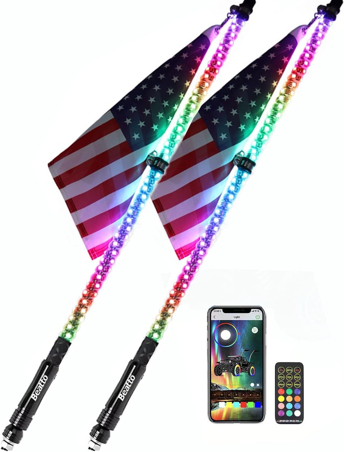 2PCS 5FT LED Whips Light with Remote and app H5206
