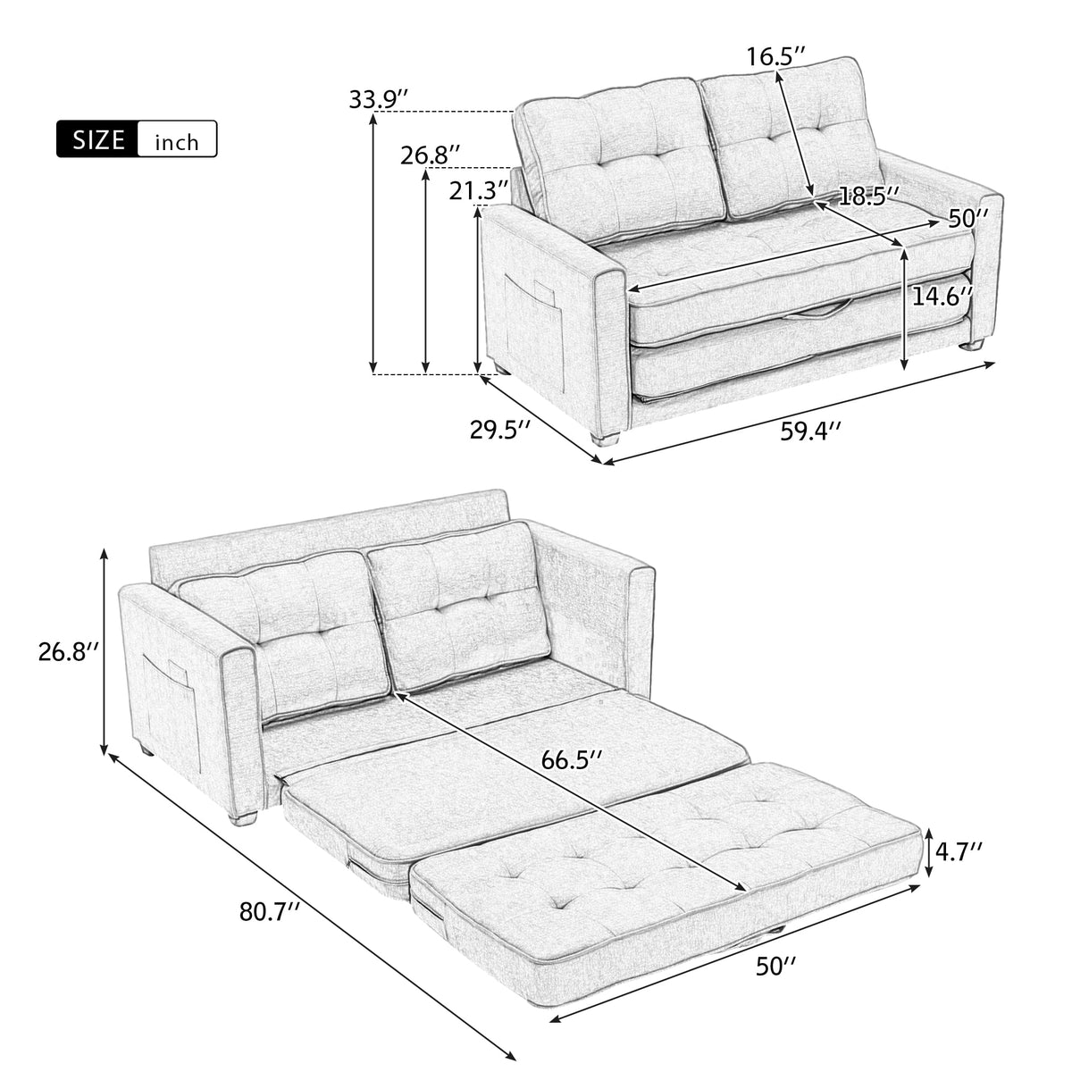 Grey Upholstered Loveseat Sofa with Pull-Out Bed B12129