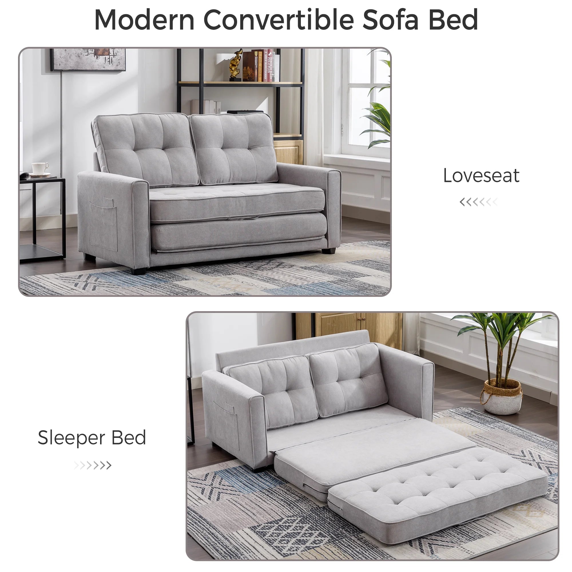 Grey Upholstered Loveseat Sofa with Pull-Out Bed B12129