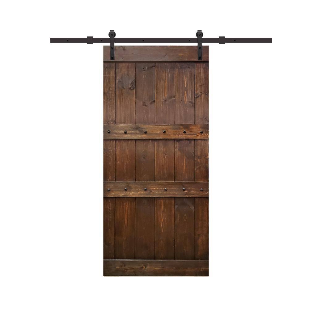 Brown Stained Solid Pine Wood Interior Sliding Barn Door with Hardware Kit B507