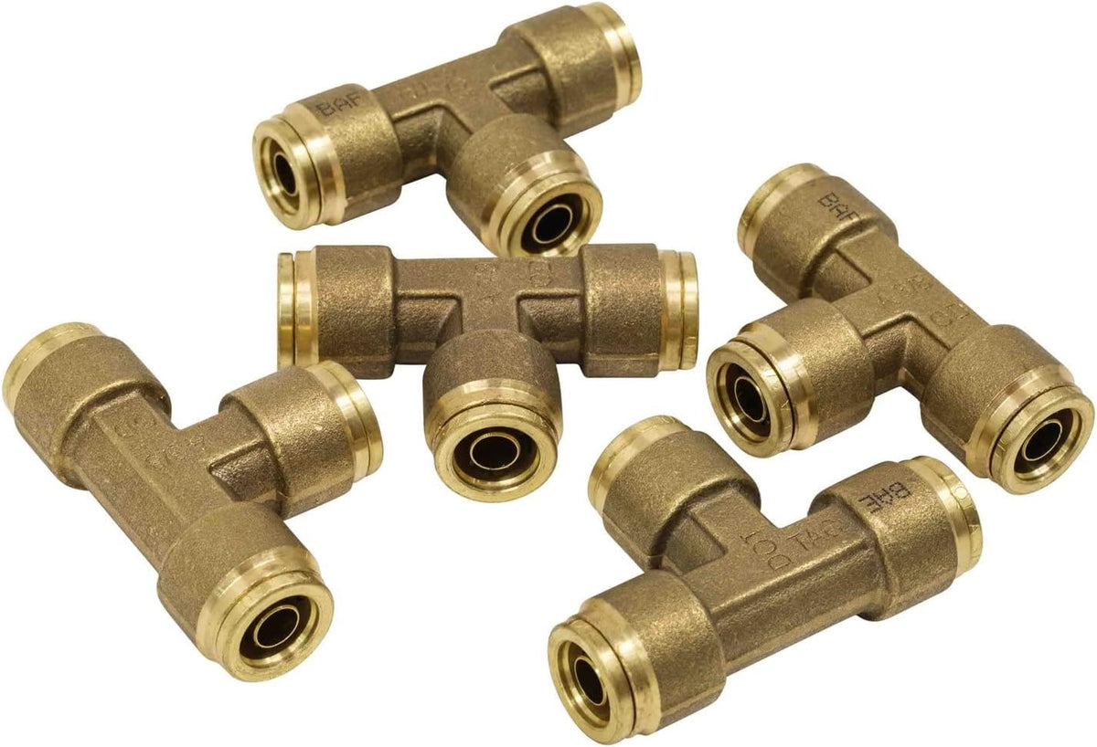 Brass Push to Connect Union Tee Air Brake Tube Fitting, 1/4" Tube OD (5 Pack) T26365