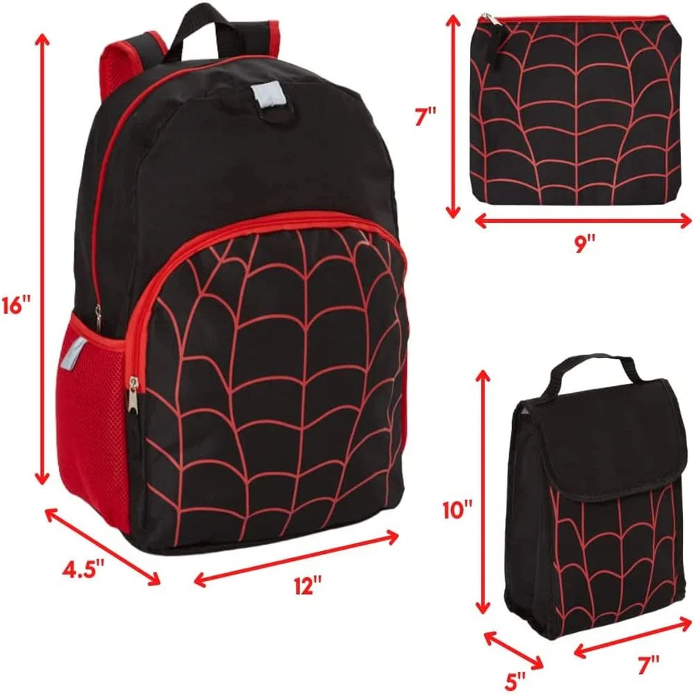 16 inch Red Black Spiderweb Backpack with Lunch Box and Water Bottle C8646