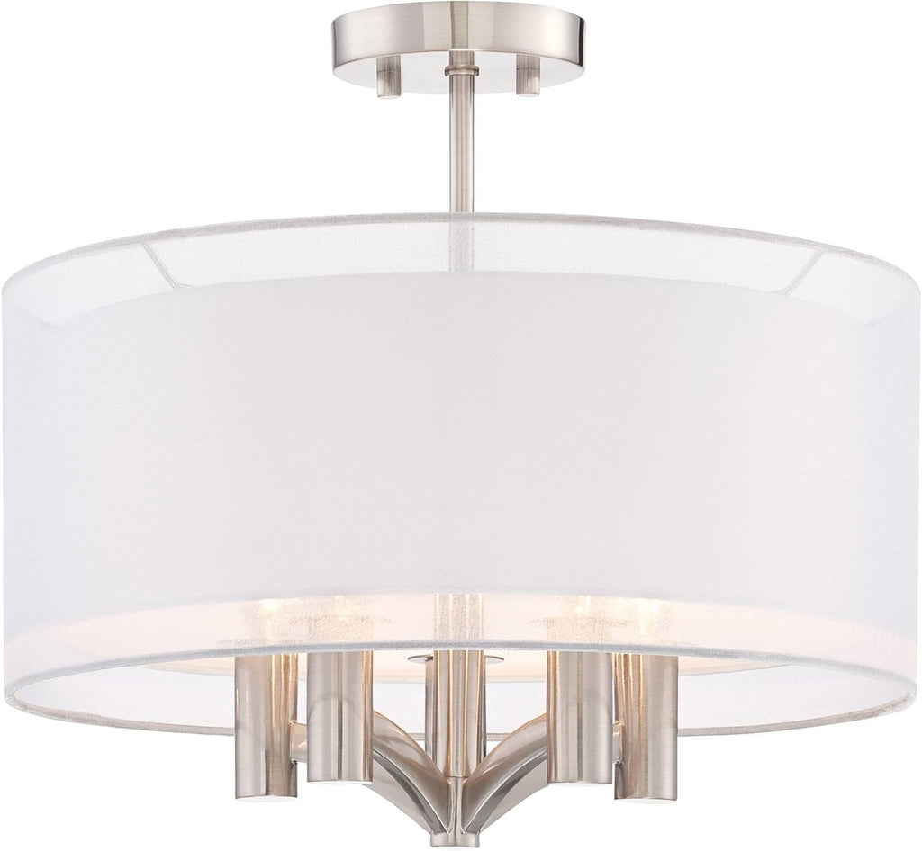 Semi Flush Mount Ceiling Light Brushed Nickel 18 Wide 5-Light White Linen Double Drum Shade R401104