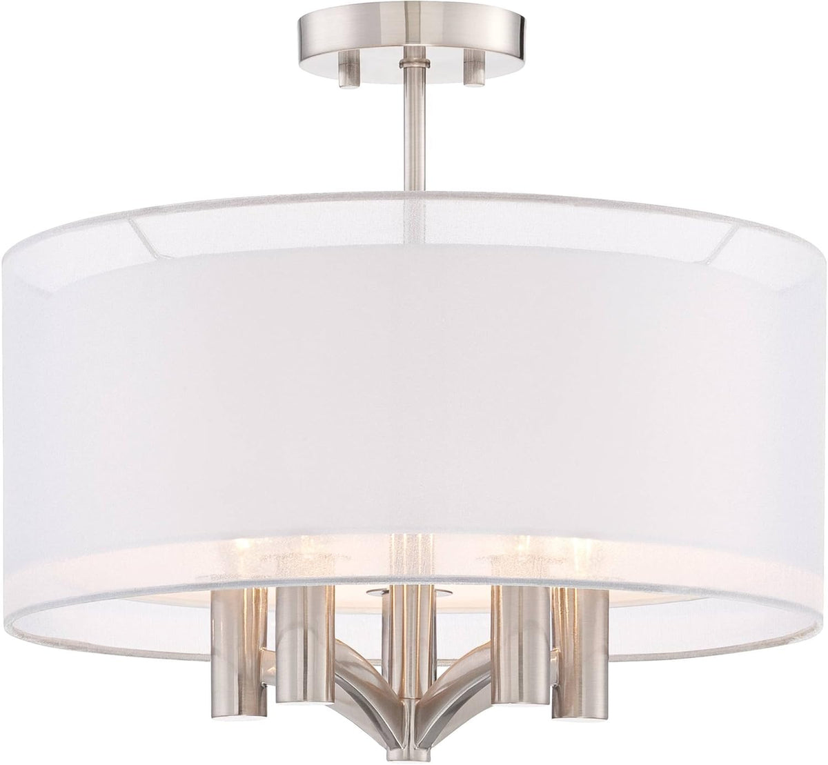 Semi Flush Mount Ceiling Light Brushed Nickel 18 Wide 5-Light White Linen Double Drum Shade R401104