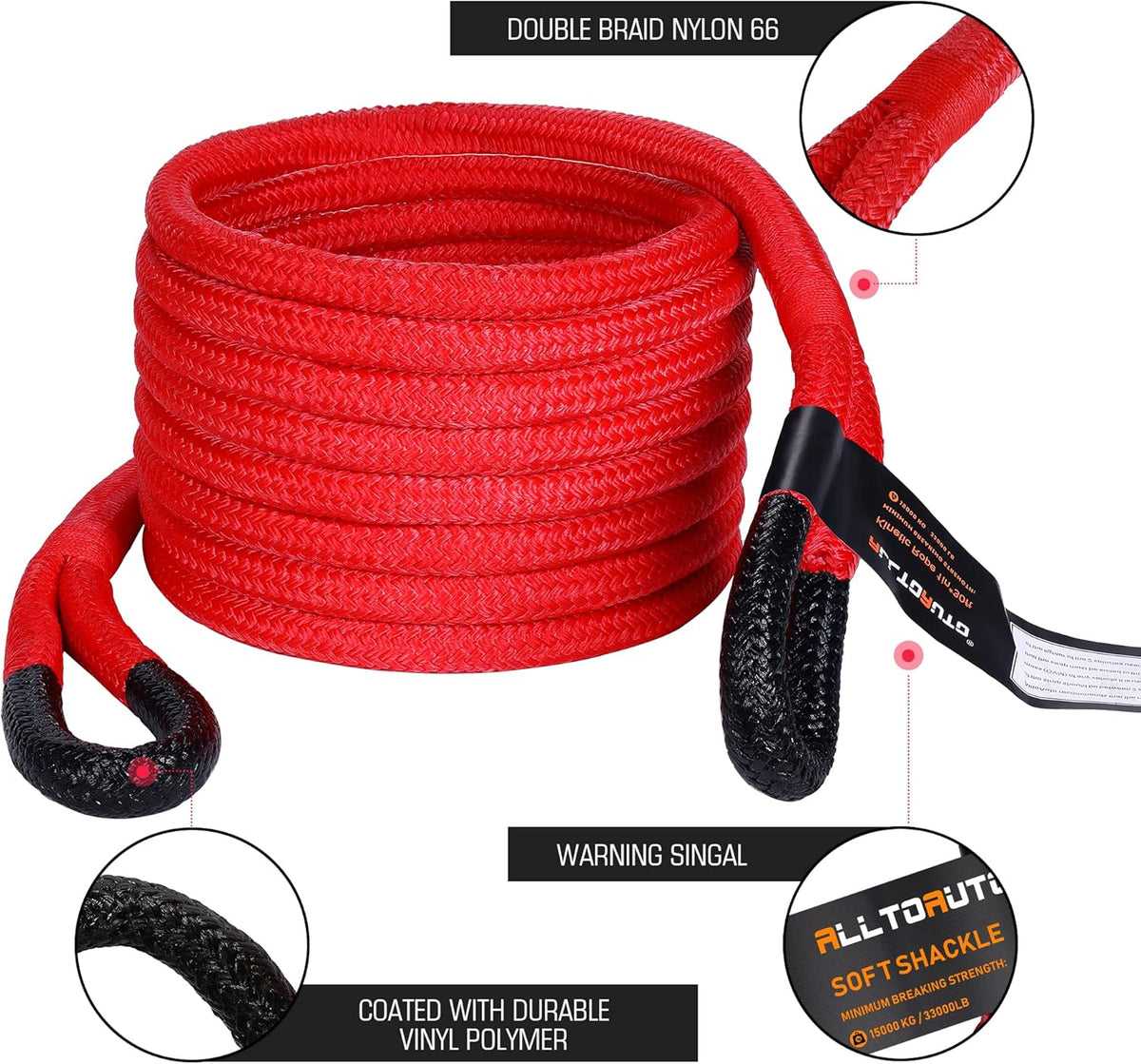 Red Kinetic Recovery & Tow Rope with 2 Soft Shackles Offroad Recovery Kit V344703