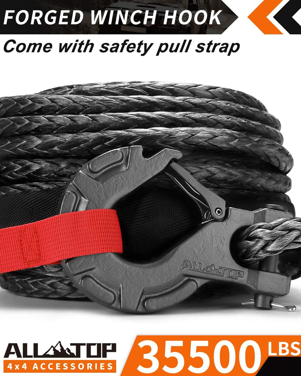 Synthetic Winch Rope Cable Kit with Protective Sleeve, Forged Winch Hook, Safety Pull Strap T631