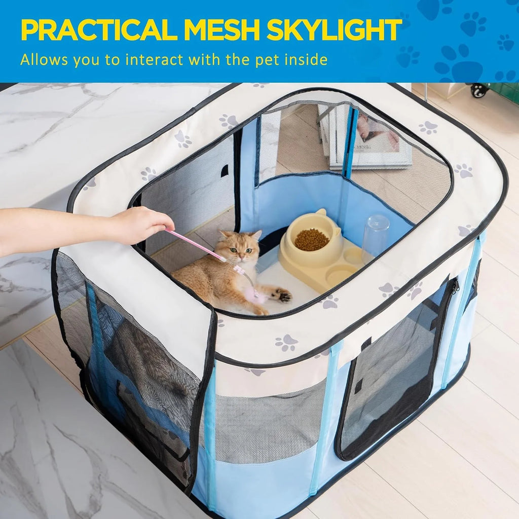 Blue Foldable Pop Up Pet Playpen with Floor and Mesh Door F63890