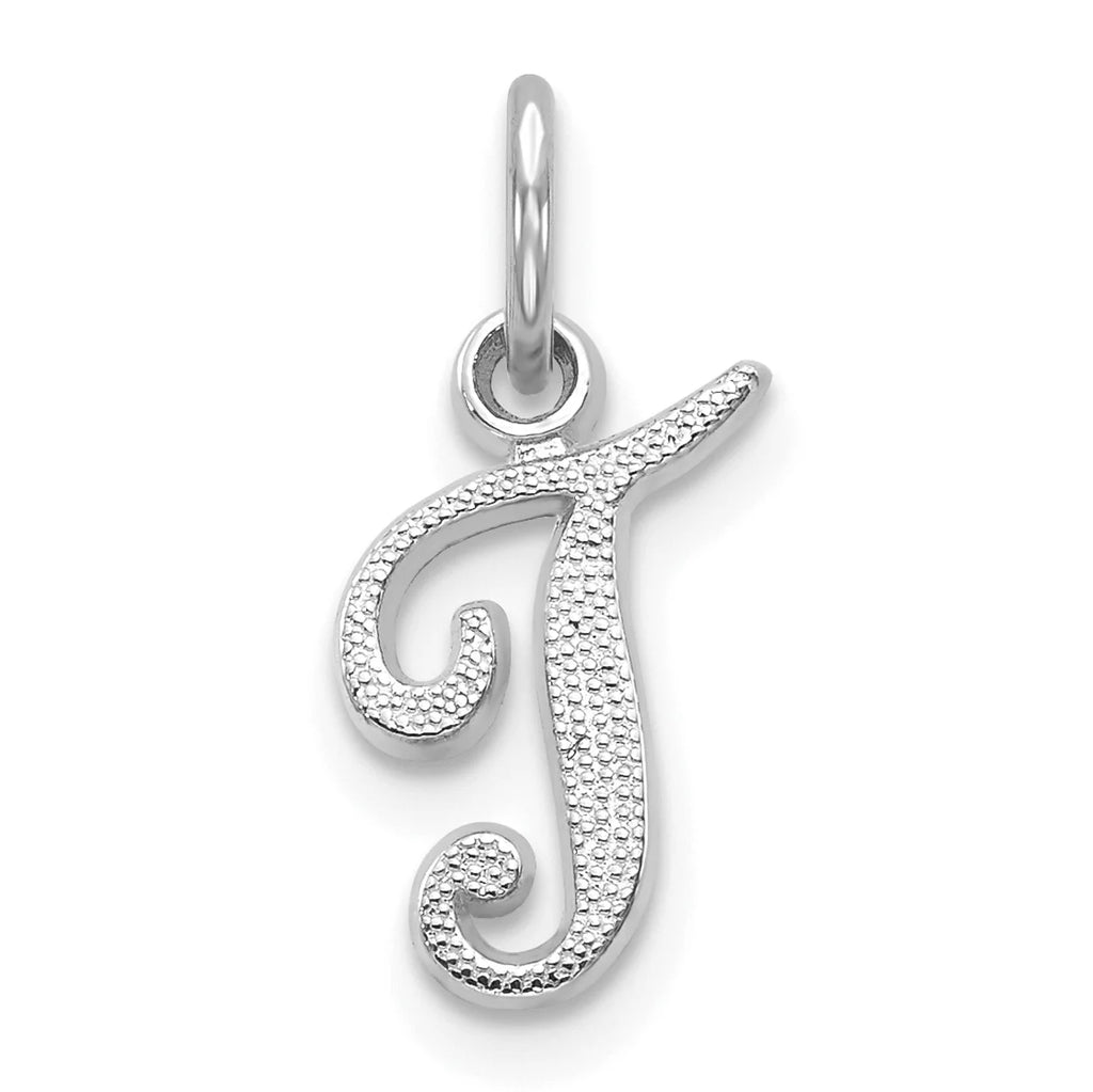 14K White Gold Polished Rhodium Plated Script Letter T Initial Pendant Charm O346