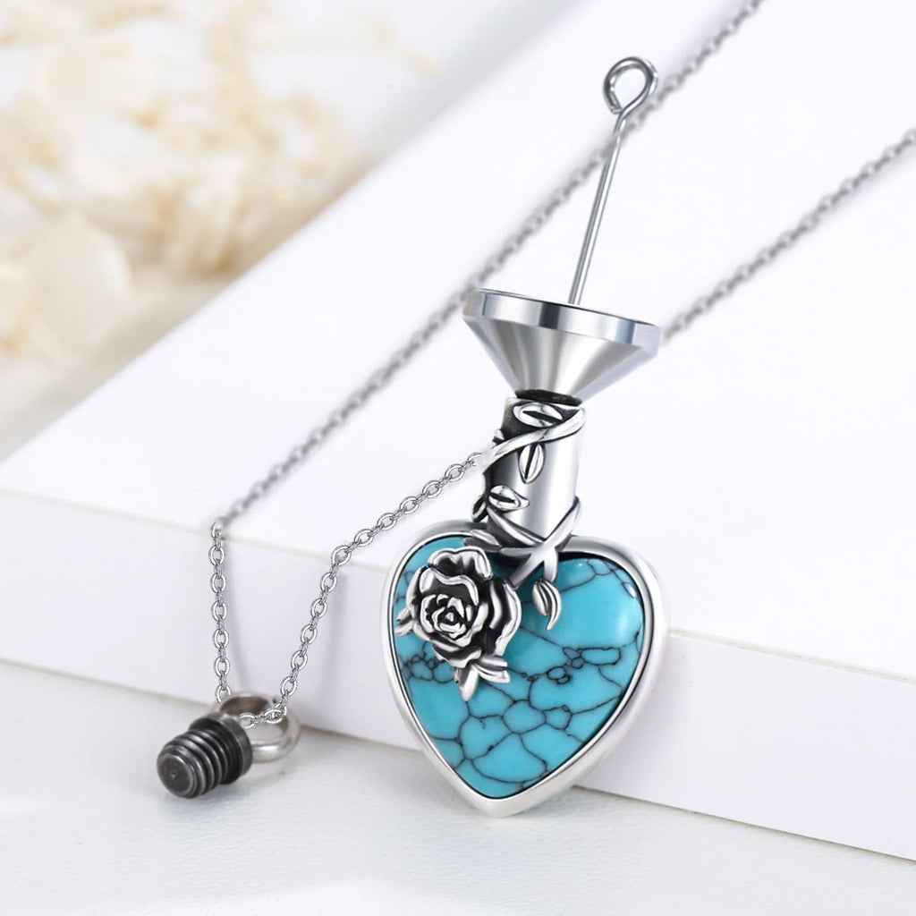 Natural Turquoise Urn Necklace Sterling Silver Heart Pendant Necklaces for Ashes A12170