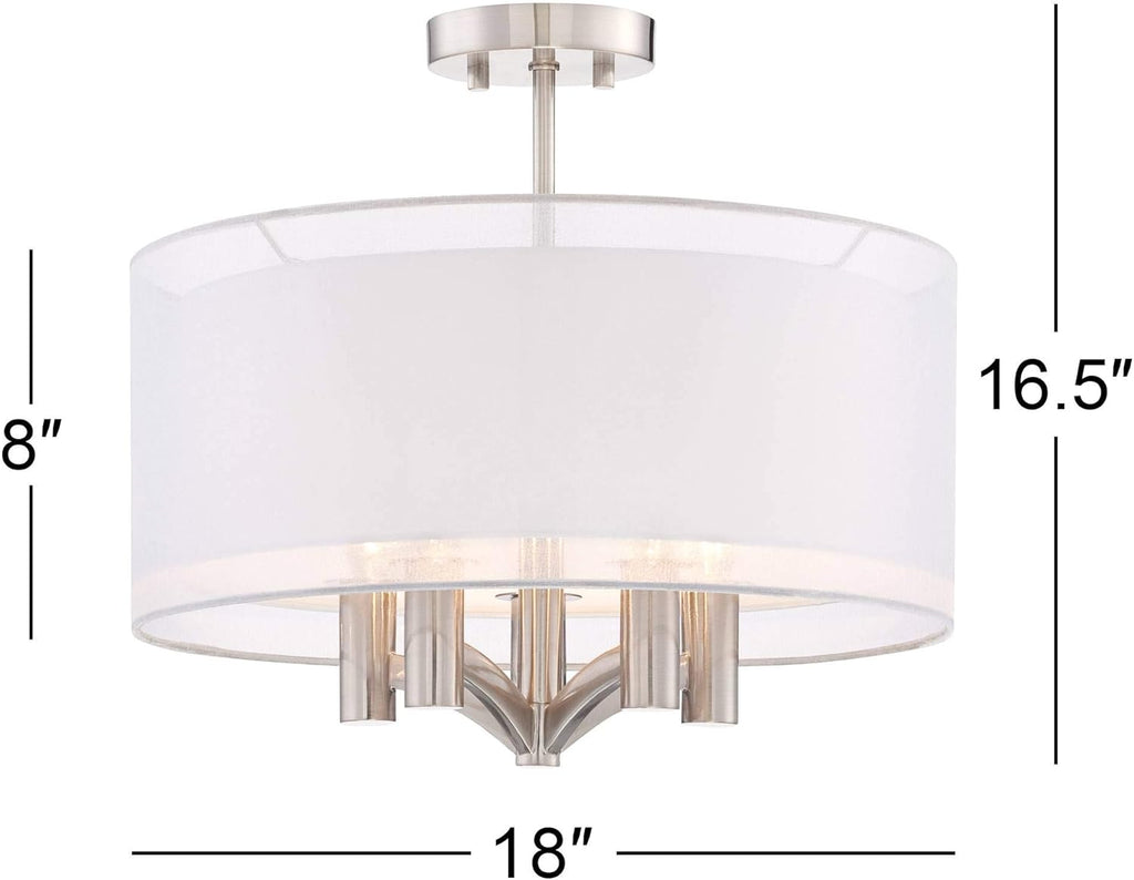 Semi Flush Mount Ceiling Light Brushed Nickel 18 Wide 5-Light White Linen Double Drum Shade R401104
