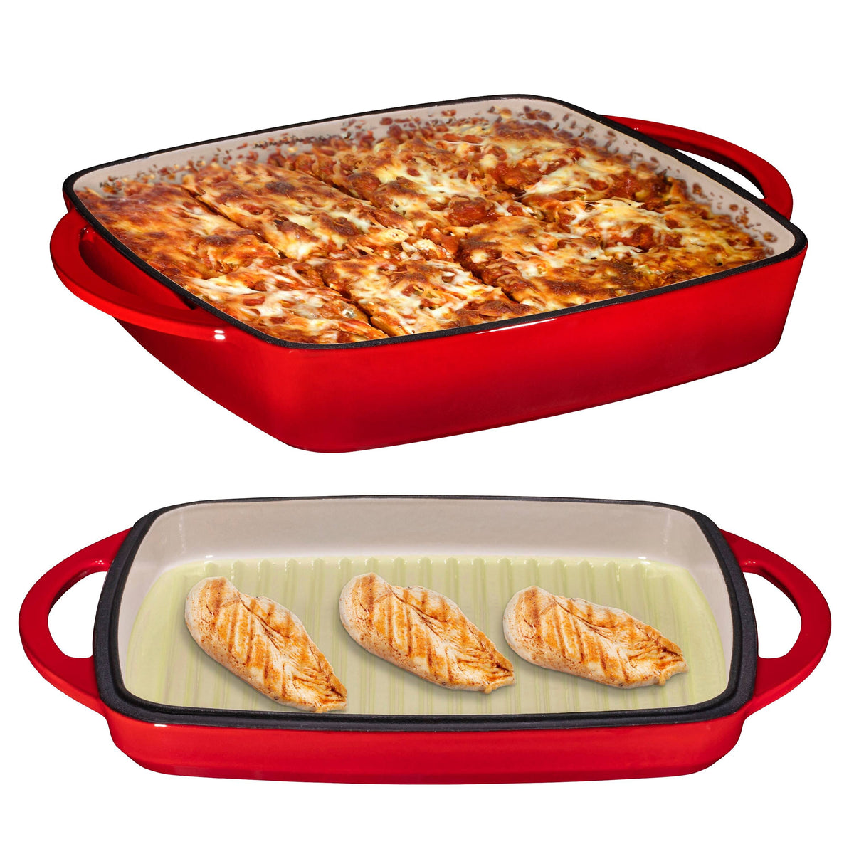 Fire Red Enameled Cast Iron Square Casserole Baking Pan with Griddle Lid H66149