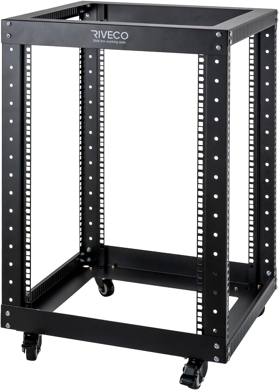 18U 4 Post Open Frame Server Rack with Brake Casters Black W1411