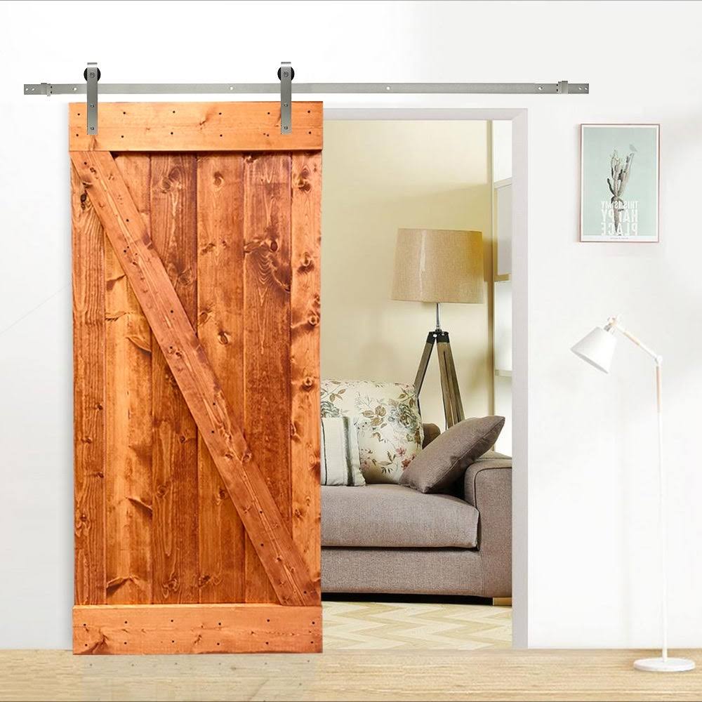 Red Walnut Stained Wood Interior Sliding Barn Door with Hardware Kit P126849